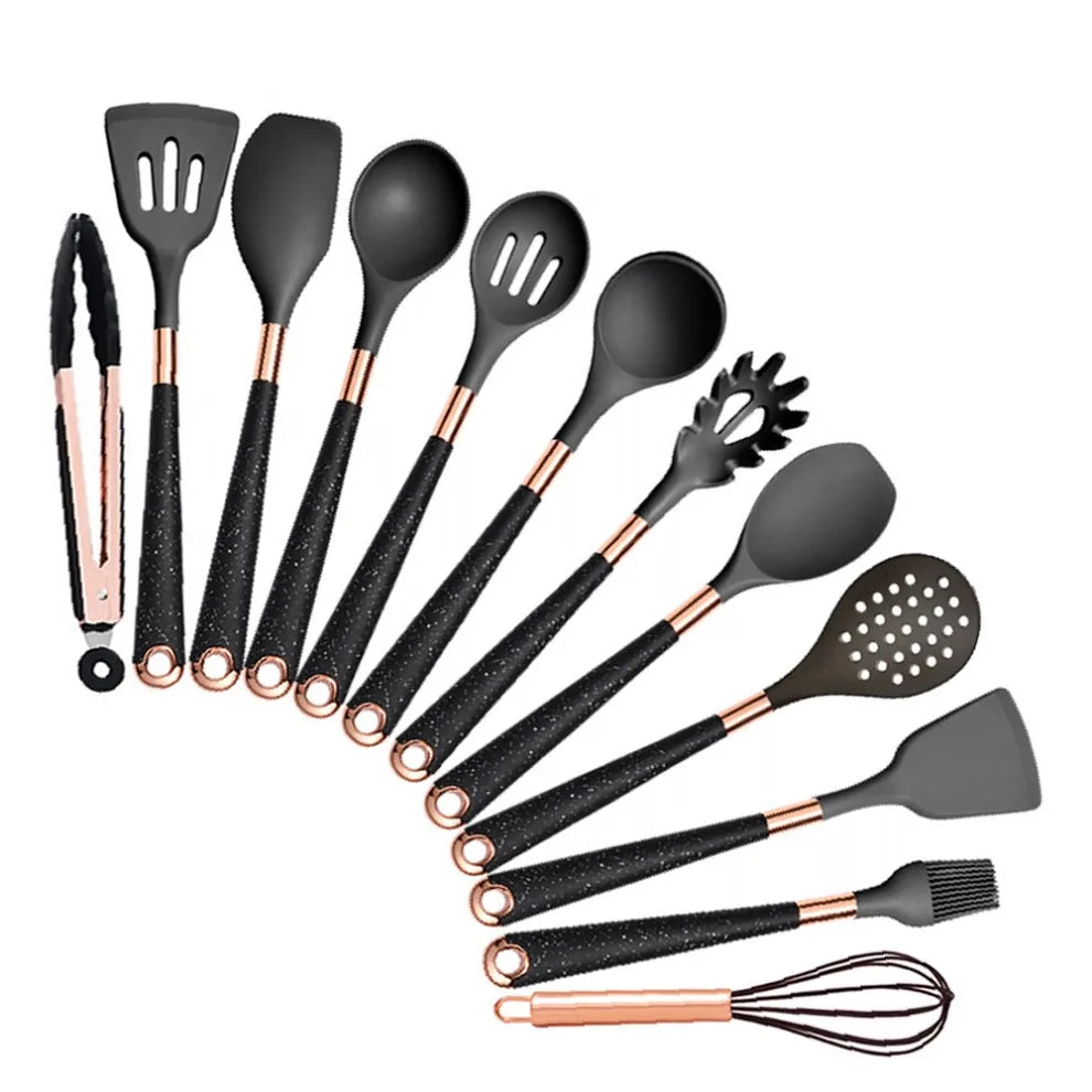 Silicone Cooking Utensils Set Heat Resistant Kitchen Spatula Spoon Non-Stick Tools Gift with Rose Gold-Plated Handle and Holder