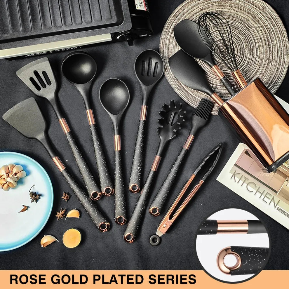 Silicone Cooking Utensils Set Heat Resistant Kitchen Spatula Spoon Non-Stick Tools Gift with Rose Gold-Plated Handle and Holder