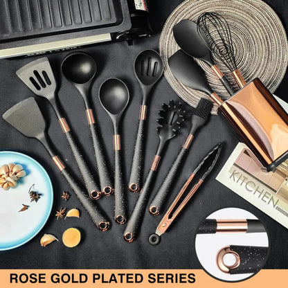 Silicone Cooking Utensils Set Heat Resistant Kitchen Spatula Spoon Non-Stick Tools Gift with Rose Gold-Plated Handle and Holder