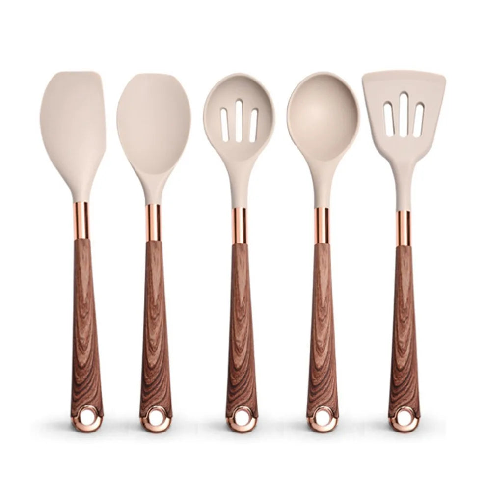 Silicone Cooking Utensils Set Heat Resistant Kitchen Spatula Spoon Non-Stick Tools Gift with Rose Gold-Plated Handle and Holder