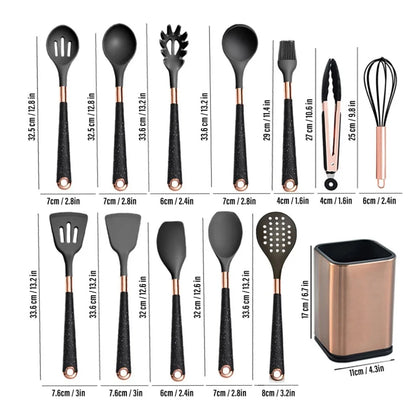 Silicone Cooking Utensils Set Heat Resistant Kitchen Spatula Spoon Non-Stick Tools Gift with Rose Gold-Plated Handle and Holder