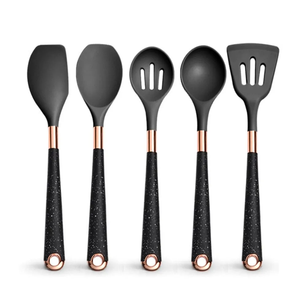 Silicone Cooking Utensils Set Heat Resistant Kitchen Spatula Spoon Non-Stick Tools Gift with Rose Gold-Plated Handle and Holder