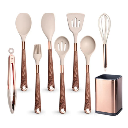 Silicone Cooking Utensils Set Heat Resistant Kitchen Spatula Spoon Non-Stick Tools Gift with Rose Gold-Plated Handle and Holder