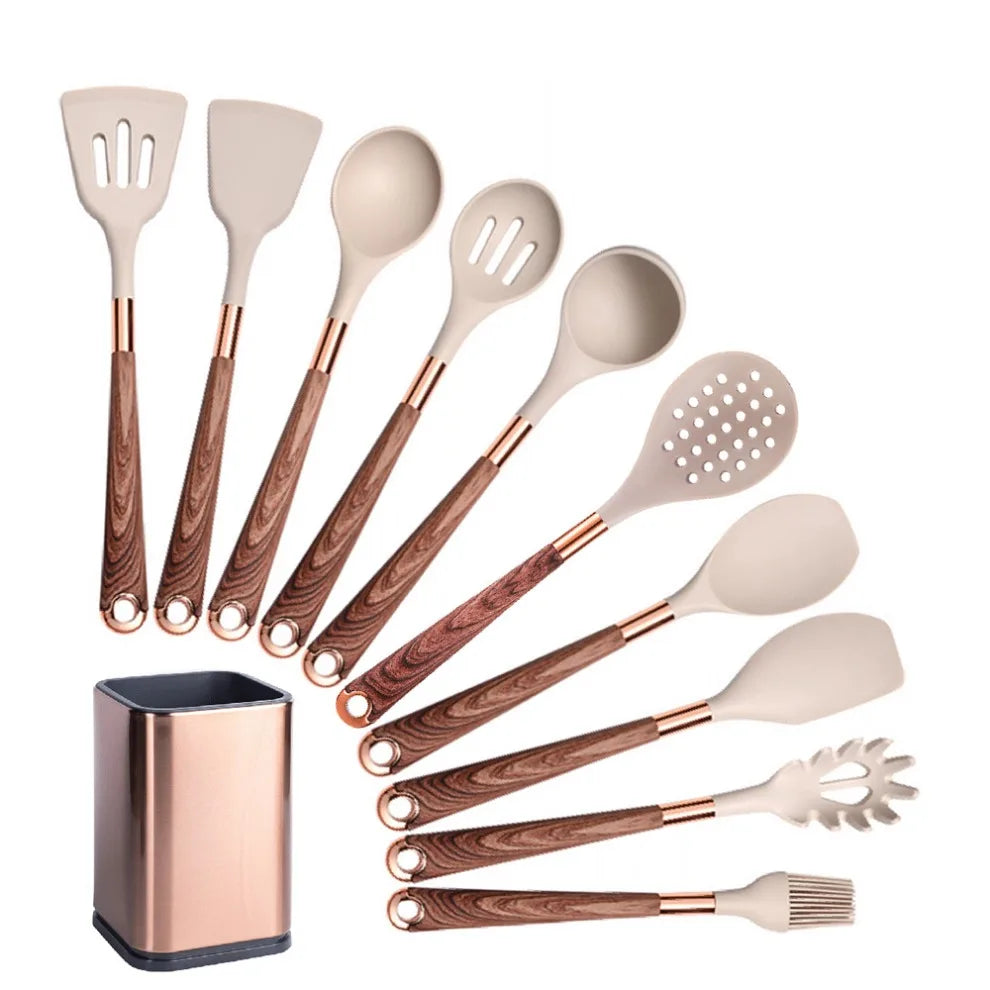 Silicone Cooking Utensils Set Heat Resistant Kitchen Spatula Spoon Non-Stick Tools Gift with Rose Gold-Plated Handle and Holder