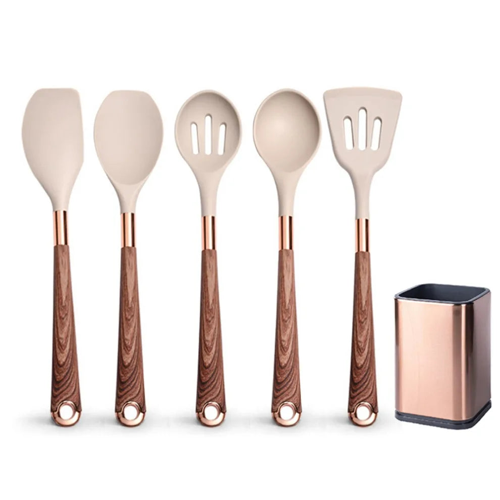 Silicone Cooking Utensils Set Heat Resistant Kitchen Spatula Spoon Non-Stick Tools Gift with Rose Gold-Plated Handle and Holder