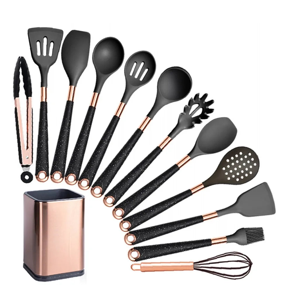 Silicone Cooking Utensils Set Heat Resistant Kitchen Spatula Spoon Non-Stick Tools Gift with Rose Gold-Plated Handle and Holder