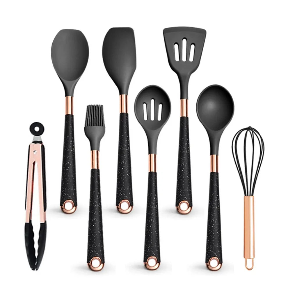 Silicone Cooking Utensils Set Heat Resistant Kitchen Spatula Spoon Non-Stick Tools Gift with Rose Gold-Plated Handle and Holder