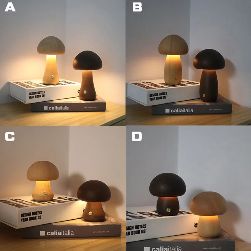 INS LED Night Light with Touch Switch Wooden Cute Mushroom Bedside Table Lamp for Bedroom Childrens Room Sleeping Night Lamps