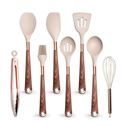 Silicone Cooking Utensils Set Heat Resistant Kitchen Spatula Spoon Non-Stick Tools Gift with Rose Gold-Plated Handle and Holder