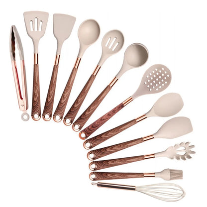 Silicone Cooking Utensils Set Heat Resistant Kitchen Spatula Spoon Non-Stick Tools Gift with Rose Gold-Plated Handle and Holder