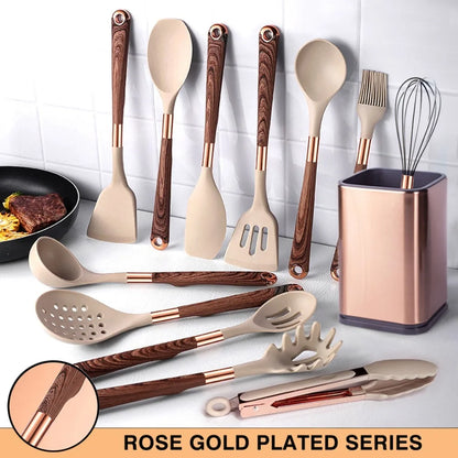 Silicone Cooking Utensils Set Heat Resistant Kitchen Spatula Spoon Non-Stick Tools Gift with Rose Gold-Plated Handle and Holder