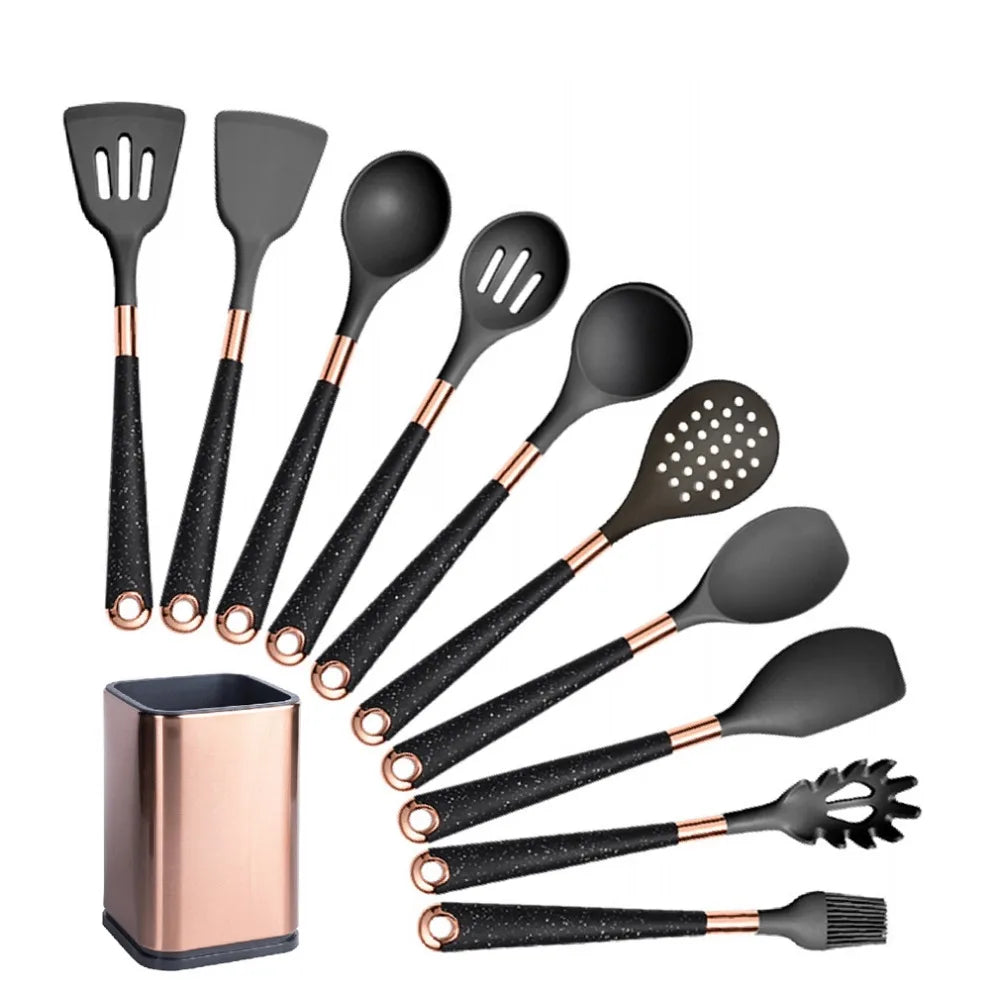 Silicone Cooking Utensils Set Heat Resistant Kitchen Spatula Spoon Non-Stick Tools Gift with Rose Gold-Plated Handle and Holder