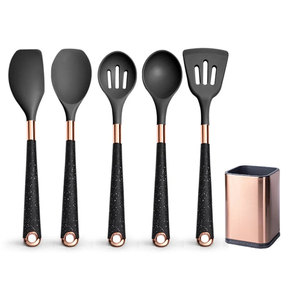 Silicone Cooking Utensils Set Heat Resistant Kitchen Spatula Spoon Non-Stick Tools Gift with Rose Gold-Plated Handle and Holder