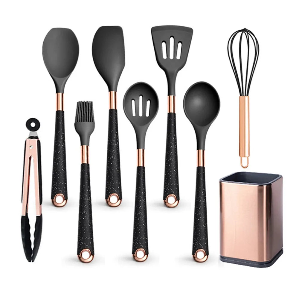 Silicone Cooking Utensils Set Heat Resistant Kitchen Spatula Spoon Non-Stick Tools Gift with Rose Gold-Plated Handle and Holder