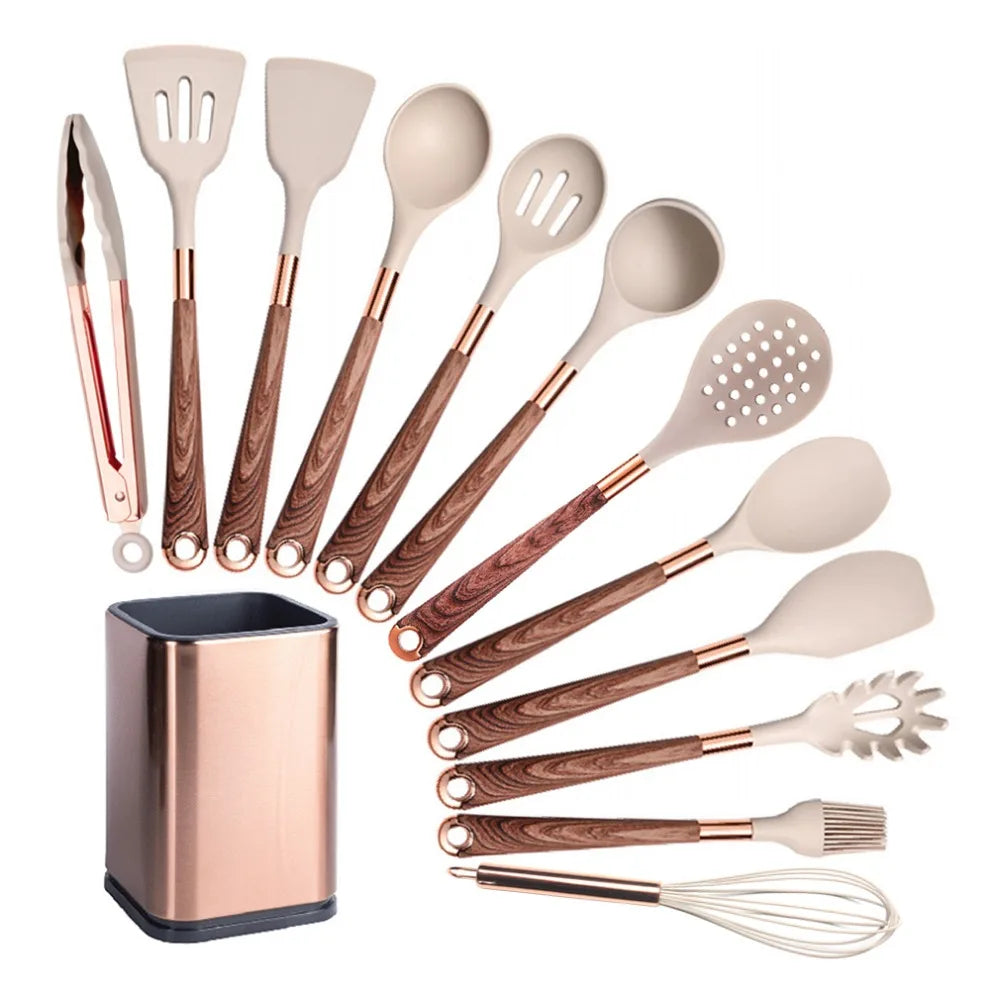 Silicone Cooking Utensils Set Heat Resistant Kitchen Spatula Spoon Non-Stick Tools Gift with Rose Gold-Plated Handle and Holder