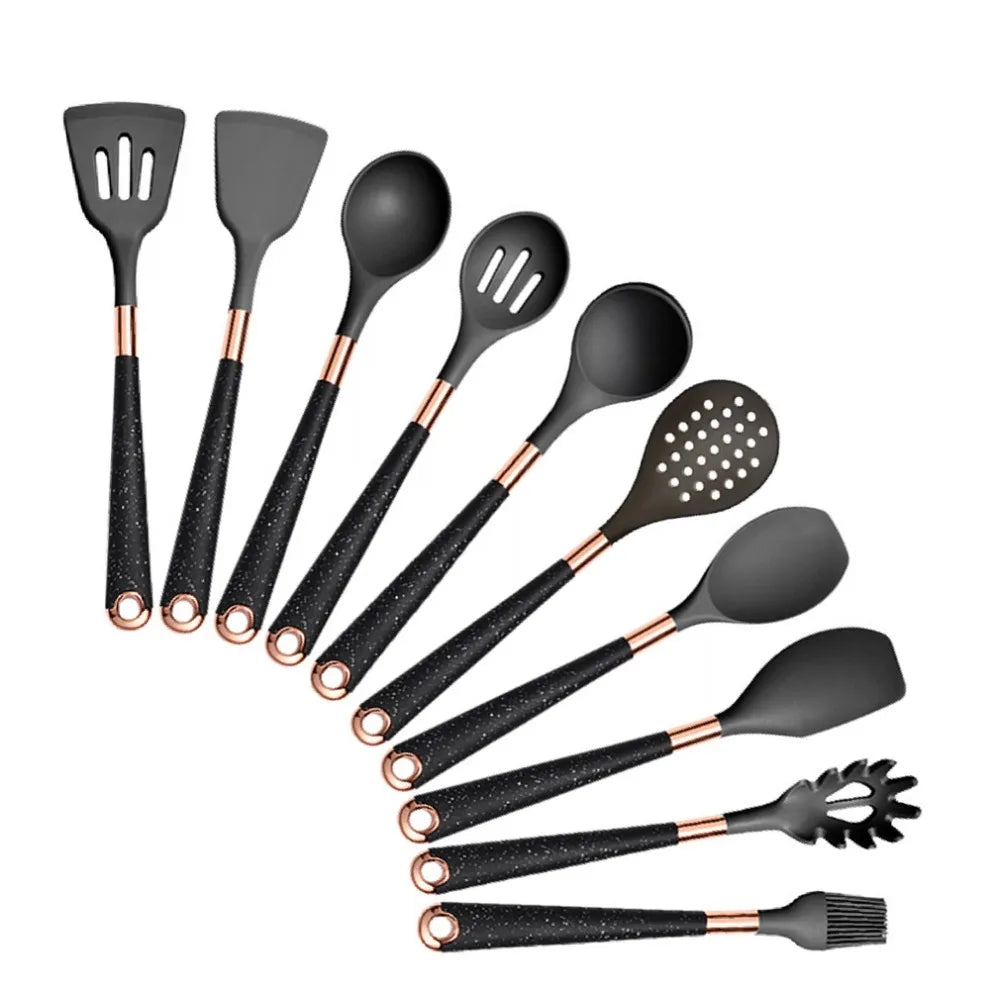 Silicone Cooking Utensils Set Heat Resistant Kitchen Spatula Spoon Non-Stick Tools Gift with Rose Gold-Plated Handle and Holder